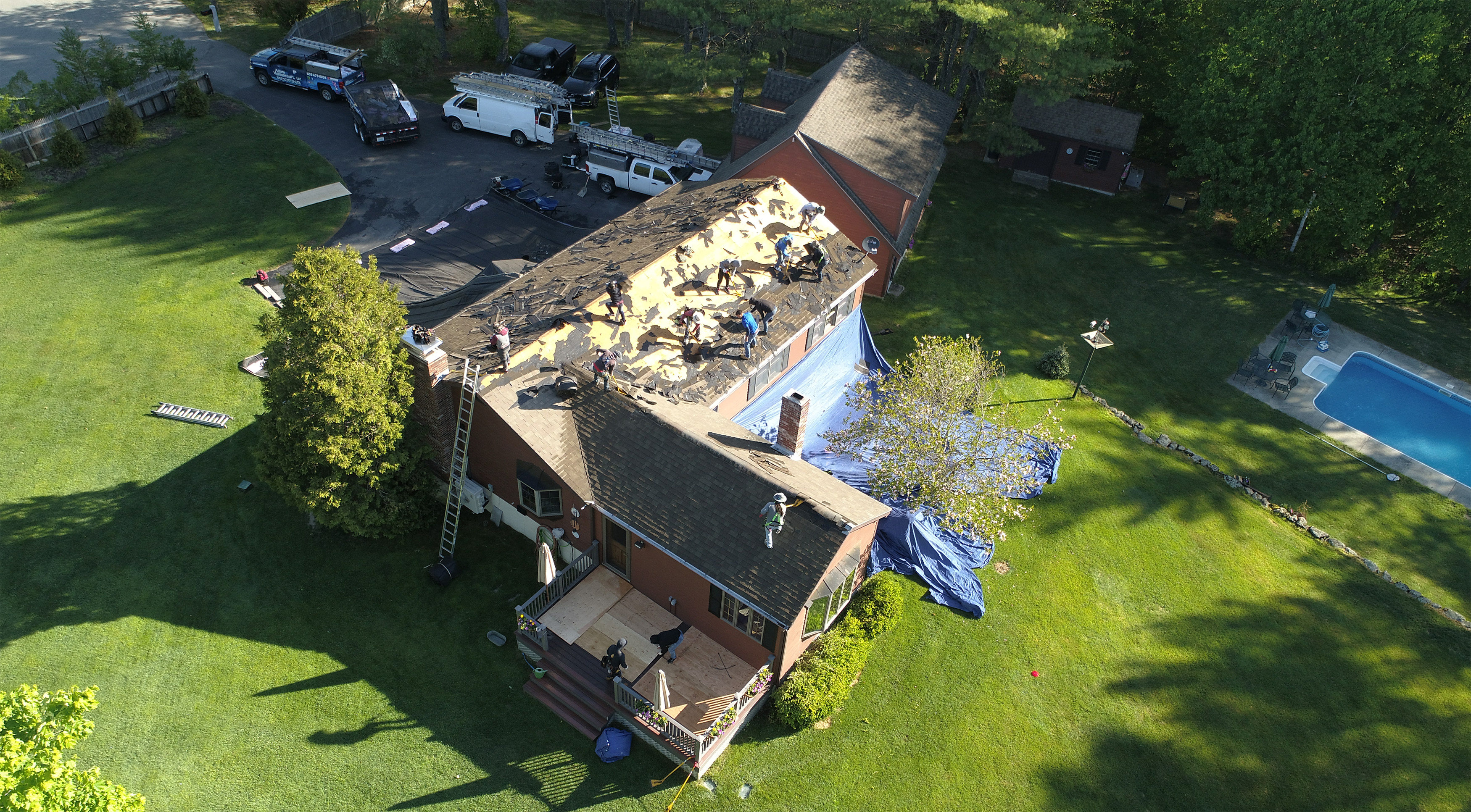 Roofing crew aerial